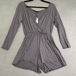 Boohoo Women's 10 Faux Wrap 3/4 Sleeve Lilac Gray Romper with Hair Tie  Viscose